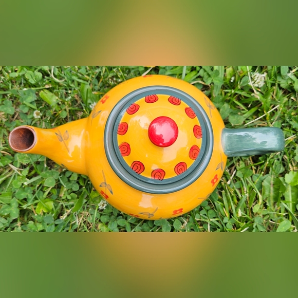 Folk art decorative floral yellow, green, red tea pot (gd) - Picture 2 of 8